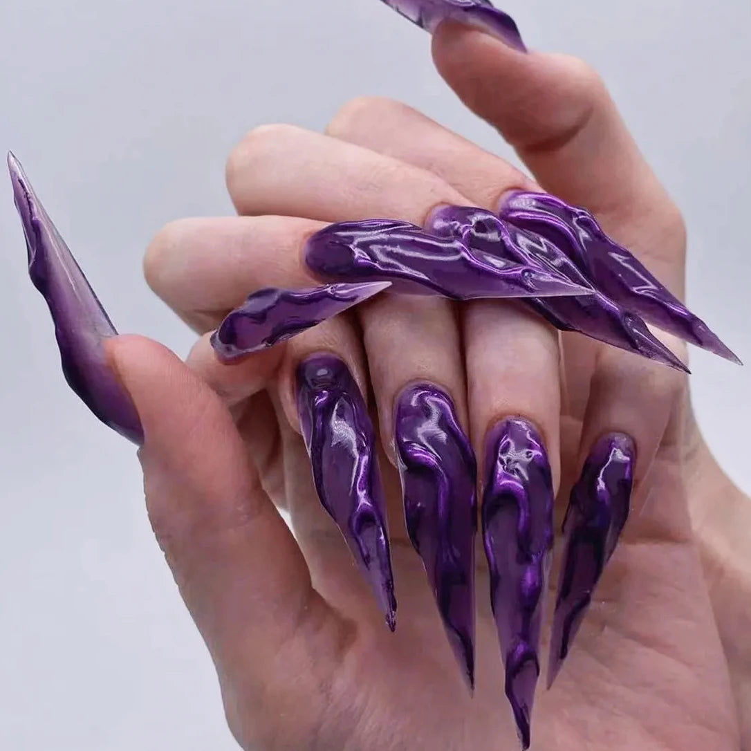 Halloween Press on Nails Purple Glitter Powder Ripple Terror Dark Bloody Extra Long Pointed False Nails Art Fake Nail Charms Tip