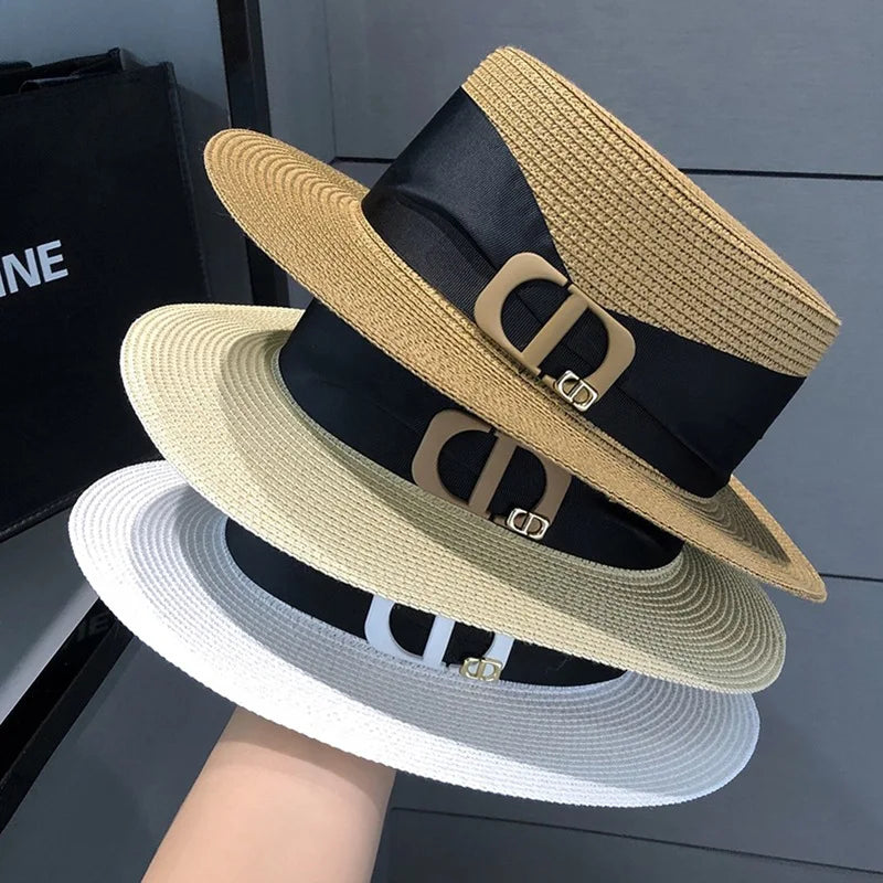 Summer Women's Law Test Flat Top Straw Hat Travel Seaside Vacation Sunshade Sunscreen Hat Casual Versatile Straw Sun Hat