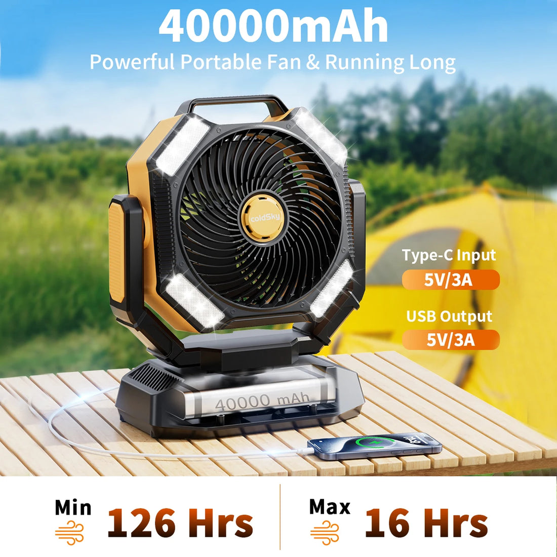 coldSky 40000mAh Camping Fan Battery Operated Fan with 4 LED Light 8 Speeds Desk Fan Remote Portable Rechargeable Outdoor Fan