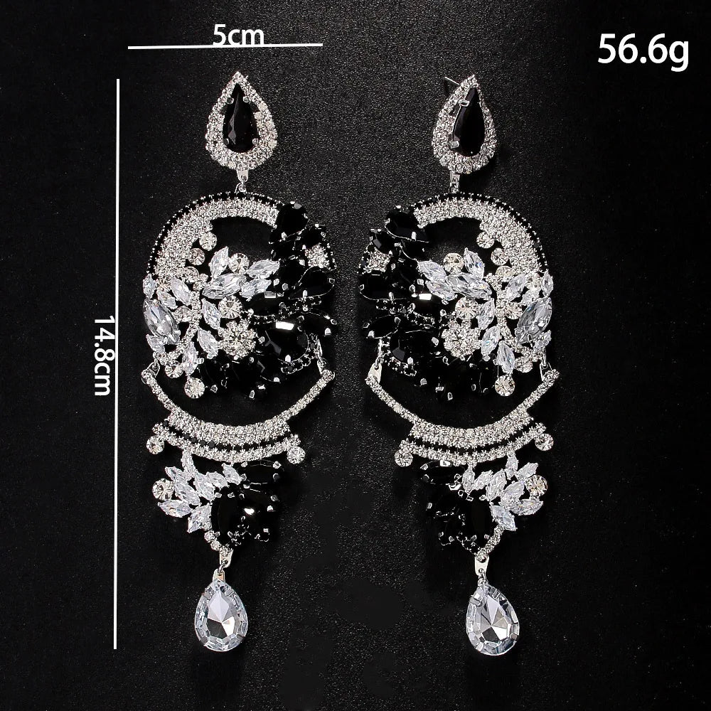 2024 Bling Oversize Flower Dangle Earrings Women Ear Accessories Party Elegant Black Crystal Drop Earrings Wedding Jewelry Gift