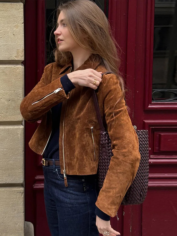 Autumn Winter Short Suede Jackets Women Brown Stand Collar Zipper Long Sleeve Female Coats Fashion Street Y2k Lady Outwears