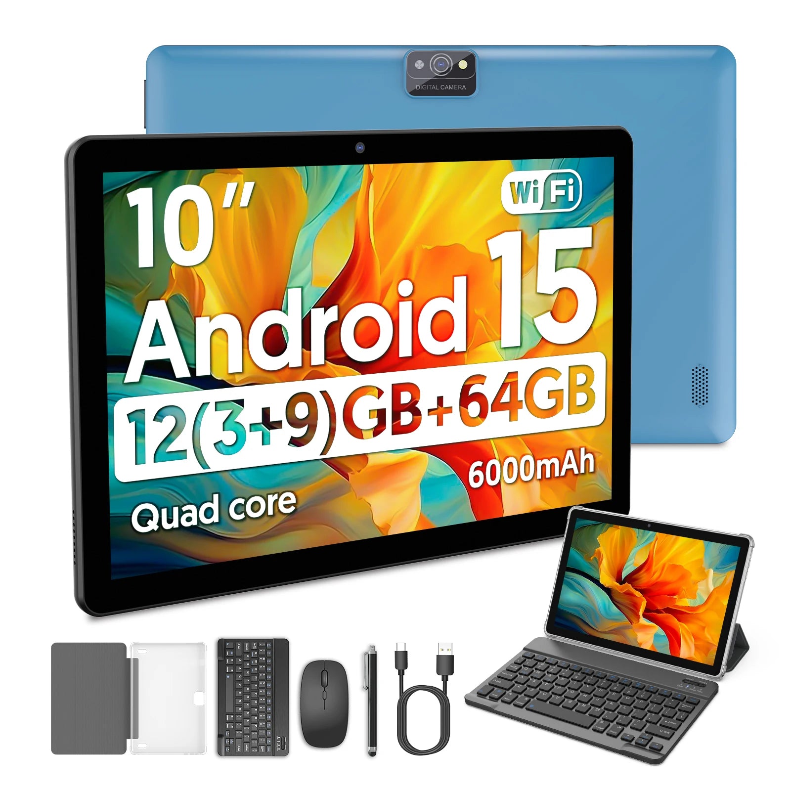New BAKEN 10-inch Android 15 tablet with 64GB storage, keyboard, leather case, SIM card slot, stylus, mouse, and dual speakers