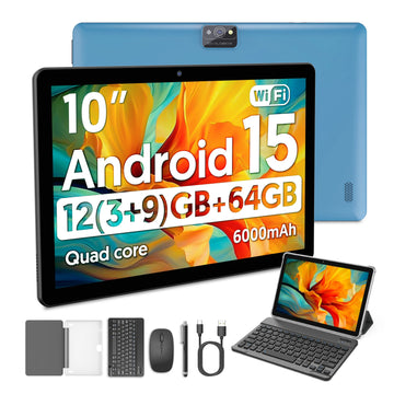 New BAKEN 10-inch Android 15 tablet with 64GB storage, keyboard, leather case, SIM card slot, stylus, mouse, and dual speakers