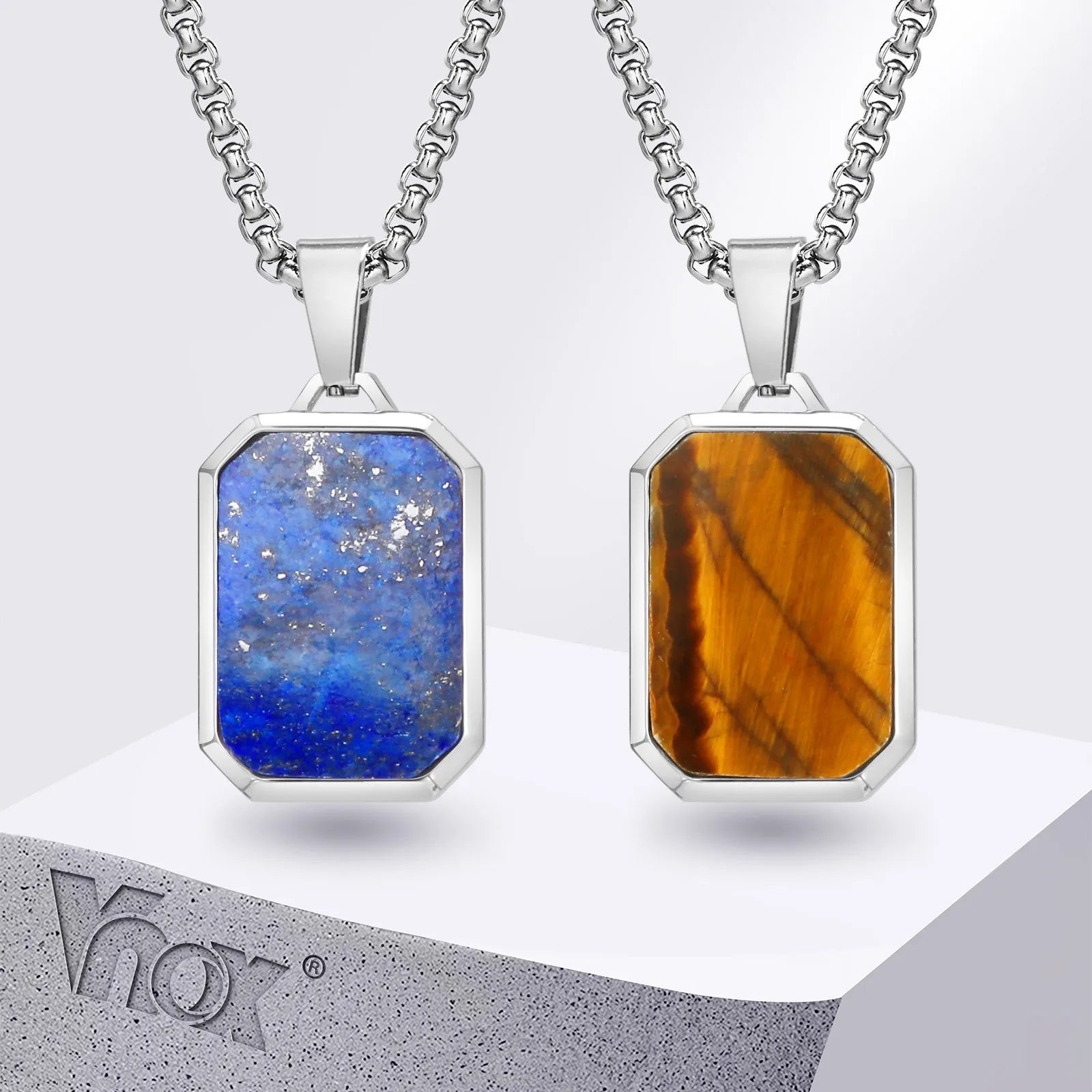 Vnox Simple Geometric Pendant Necklaces For Men Women, Stainless Steel Rectangle Pendant, Natural Stone Collar With Box Chain