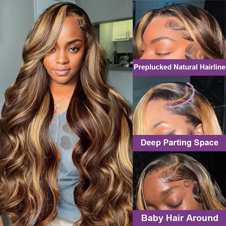 Highlight Body Wave 13x4 Lace Front Human Hair Wig Piano Pre Plucked P427 Blonde Colored HD 13x6 Lace Frontal Wigs for Women