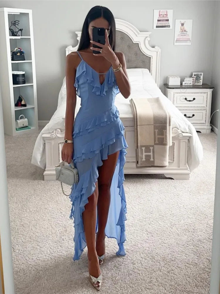Elegant Beach Woman Dress Solid Color Sexy V-neck Ruffle Irregular Sleeveless Split Blue Dresses Female Holiday Ladies Dresses