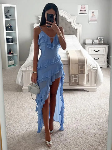 Elegant Beach Woman Dress Solid Color Sexy V-neck Ruffle Irregular Sleeveless Split Blue Dresses Female Holiday Ladies Dresses