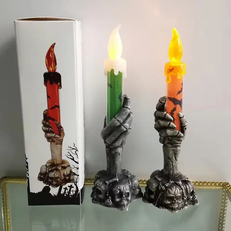 Halloween LED Lights Horror Skull Ghost Holding Candle Lamp Happy Holloween Party Decoration for Home Haunted House Ornaments