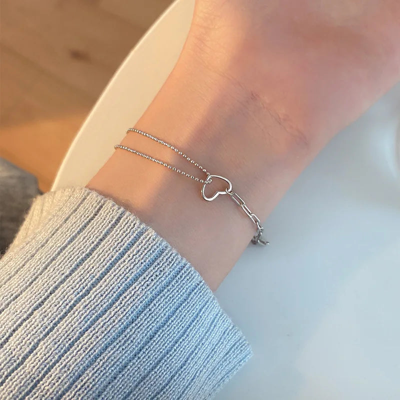 925 Sterling Silver Double-Layer Heart Ladies Bracelet Korean Charms Bracelets For Women Party Vintage Jewelry Accessories