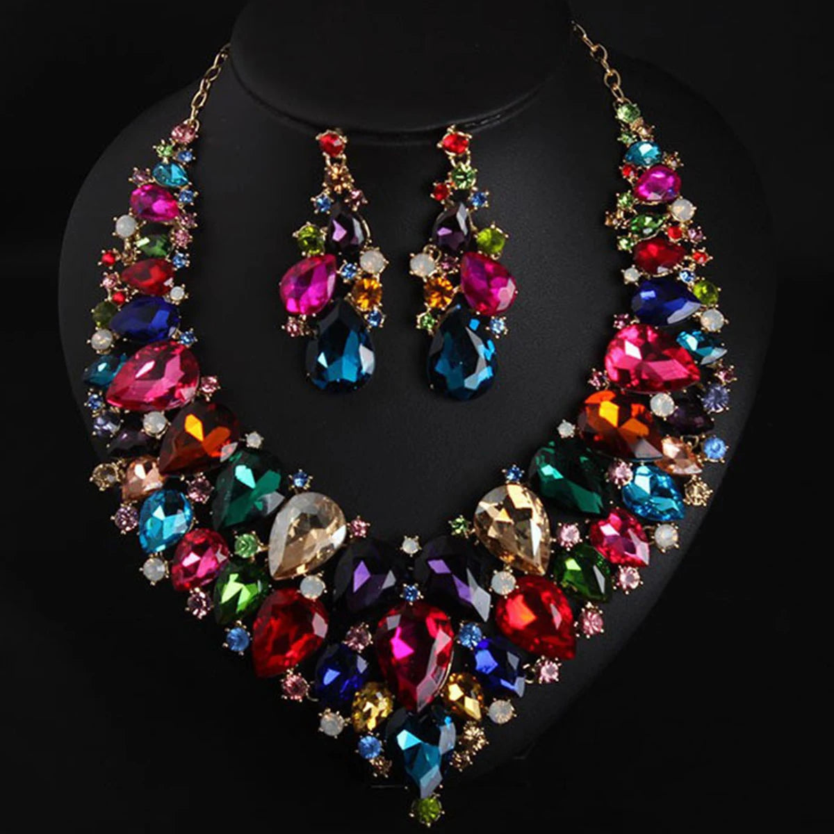 Luxury Super Shiny Colored Gems Crystal Jewelry Set Trendy Necklace Earring Women Wedding Bridesmaid Accessories Gift Wholesale
