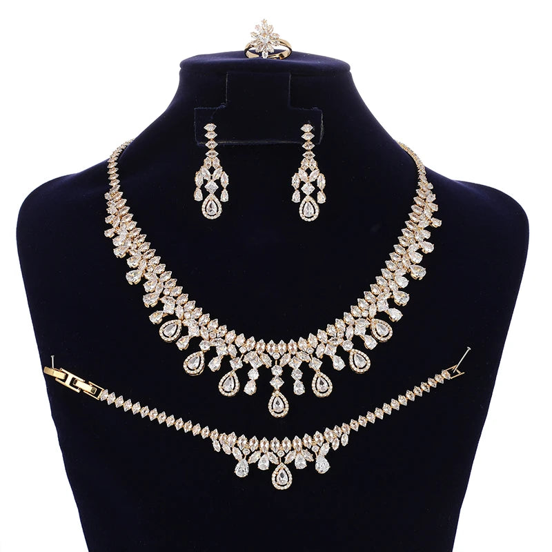 Jewelry Set HADIYANA New Retro Simple Ladies Engagement Wedding Necklace Bracelet Ring Earrings Zircon Set BN8050 Bijoux Mariage