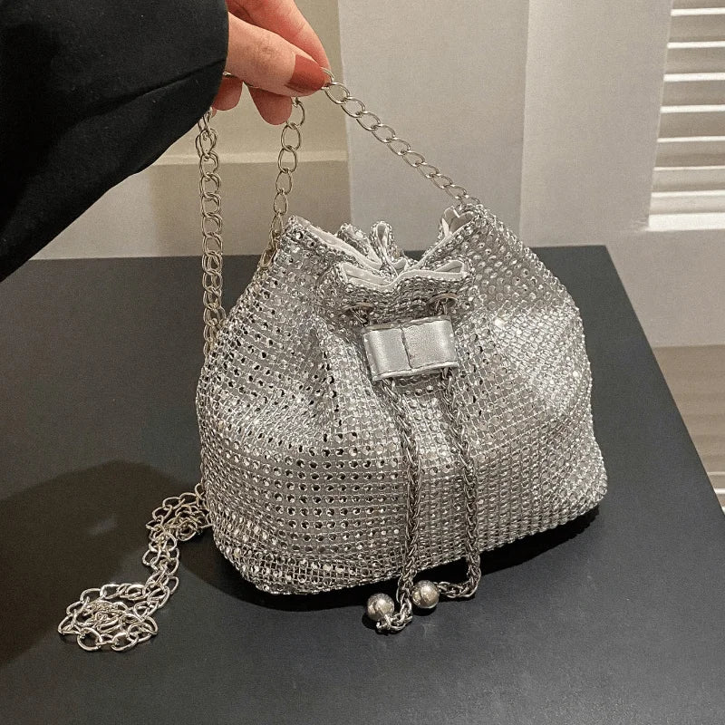 Sparkling Rhinestone Embellished Drawstring Crossbody Bag, Multi-Functional Bucket Purse, Formal Handbag for Women Daily Commute