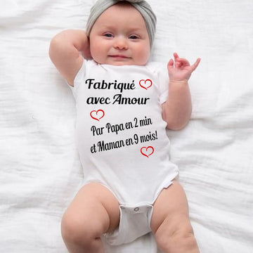 Made with Love Dad In 2 Min and Mom In 9 Months Baby Bodysuit Funny Newborn Toddler Jumpsuit Summer Clothes Infant Shower Gifts