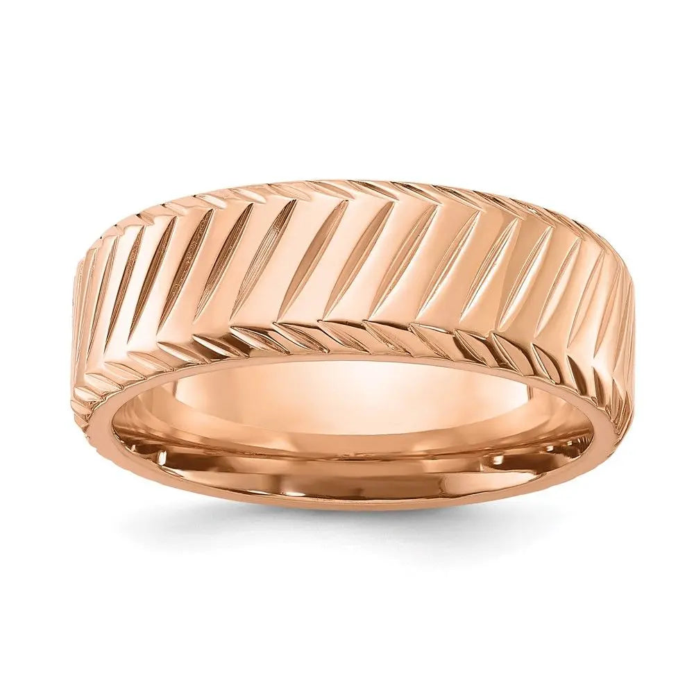 8mm Polished Rose IP Stainless Steel Chisel Grooved Band Fashion Rings