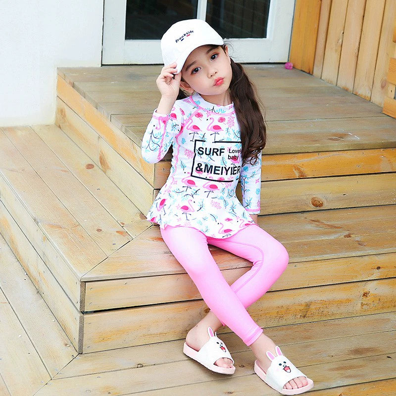 Pink Cute Princess Dress Split Two-Piece Suit Full Body Long Sleeves Pants Sun Protection Female Kids Guard Jellyfish Suit Swimsuit