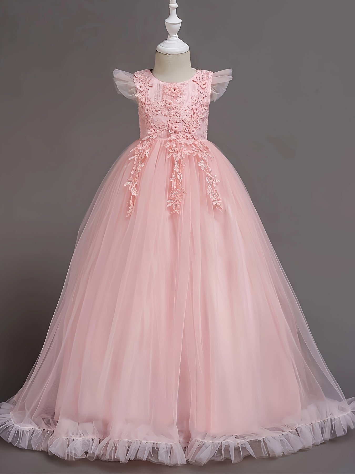 Floral Lace Princess Dress for Girls, Sleeveless Tulle Birthday Party Wedding Evening Gown