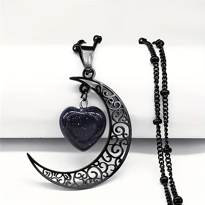 Black Color Stainless Steel Natural Stone Charm Necklace Women Moon Heart Necklace Jewelry Acero Inoxidable Joyeria