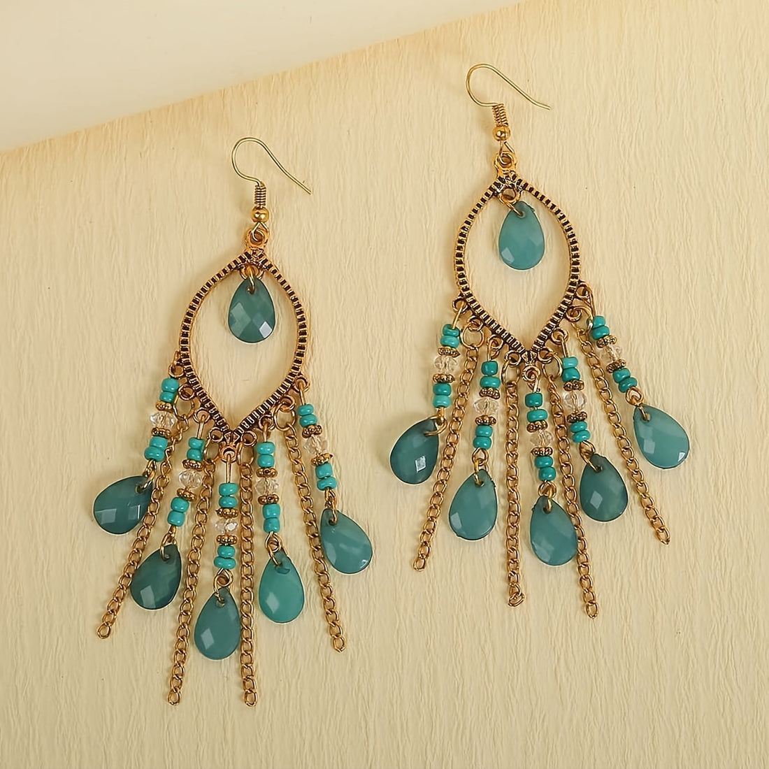 Hollow Teardrop Natural Stone Chain Design Dangle Earrings Alloy Jewelry Exquisite Female Gift Tourism Souvenir