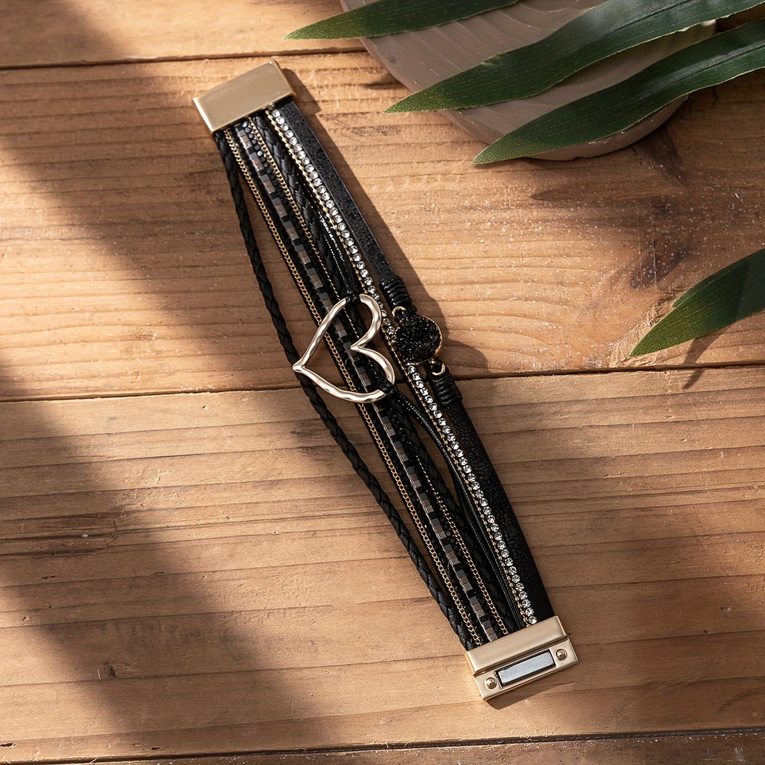 Women's Bohemian Style PU Leather Bracelet - Multi-Layer Black Braided Design with Crystal Accents, Golden-Tone Heart Pendant | Elegant Magnetic Clasp | Perfect for Daily Occasion