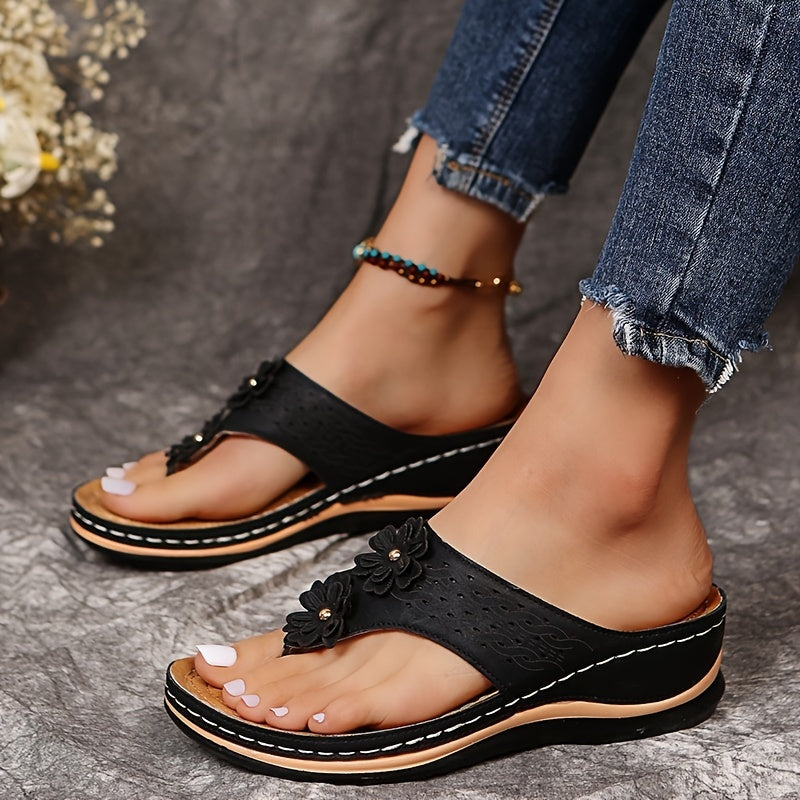 Vibrant Women's Floral Flip Flops - Soft, Breathable, Non-Slip Open-Toe Thong Slides with Solid Color Design, Retro Casual Style, Perfect for Outdoor Activities, Beach, Pool, and Summer Vacation