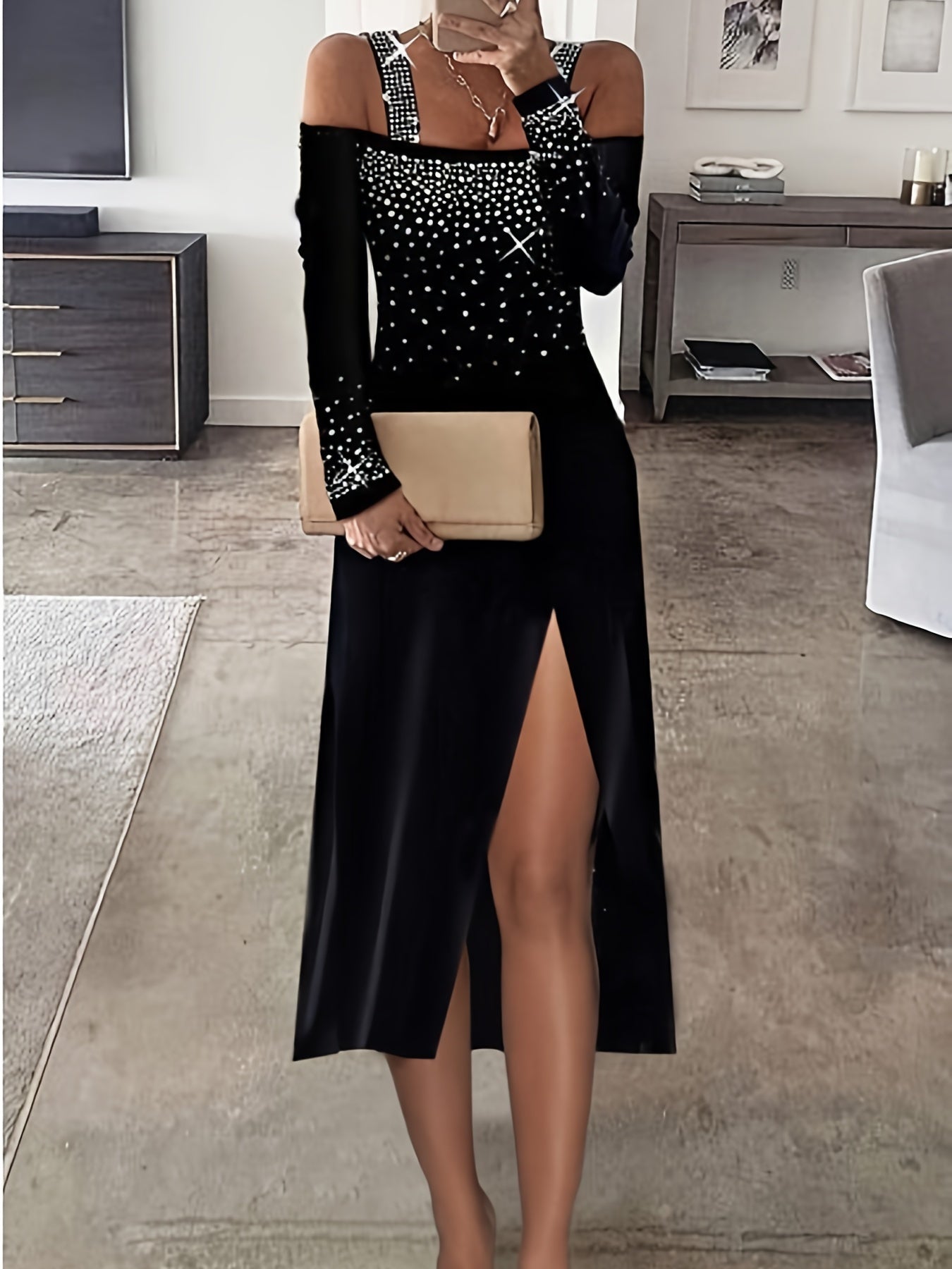 Rhinestone Cold Shoulder Dress, Elegant Long Sleeve Split Dress, Women's Clothing
