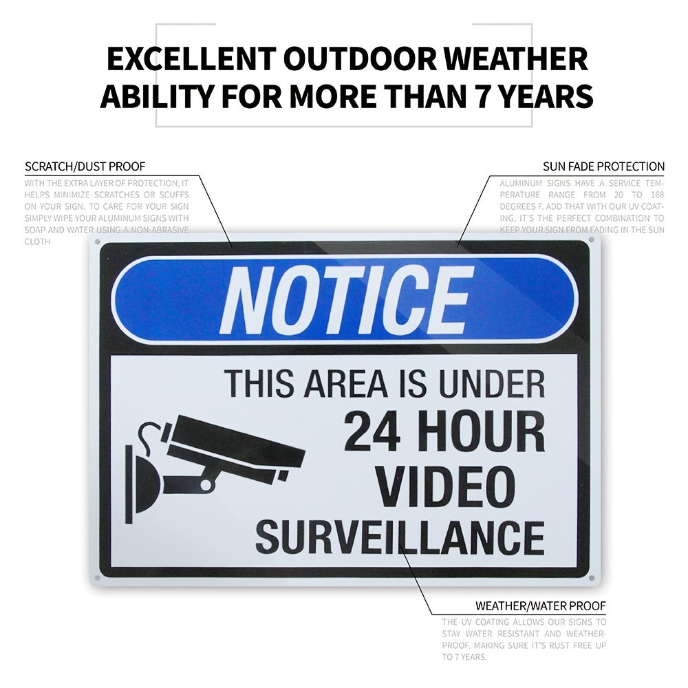 "4pcs/pack 24-Hour Video Surveillance Warning Signs, 10""x14"" Rust-Free Aluminum Signs, UV-Printed, 4 Pre-Drilled Holes, Durable Weatherproof for Home and Office"