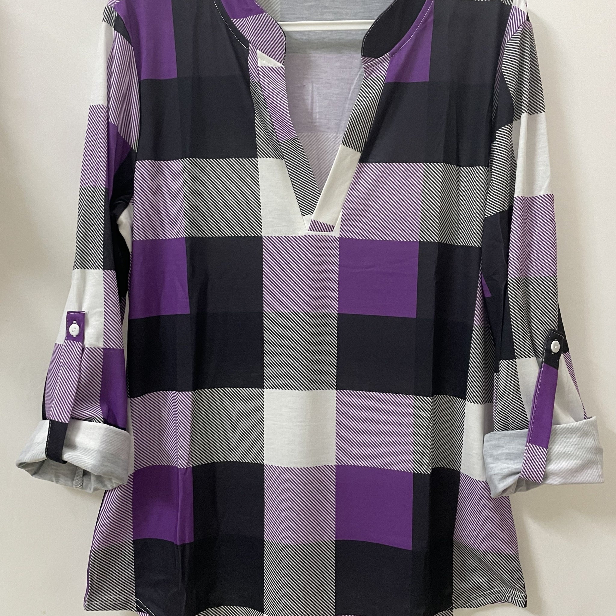 [Casual Plaid Long Sleeve Shirt] Casual Plaid Shirt, Long Sleeve V-neck Shirt, Casual Every Day Tops, Women's Clothing