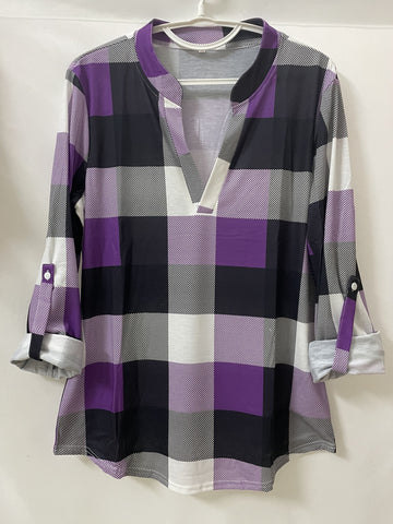 [Casual Plaid Long Sleeve Shirt] Casual Plaid Shirt, Long Sleeve V-neck Shirt, Casual Every Day Tops, Women's Clothing