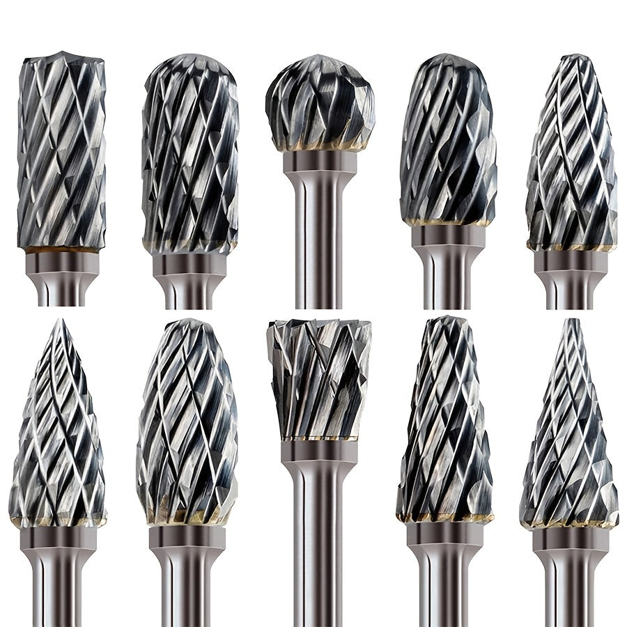 10pcs Tungsten Carbide Burr Set, Double Cut Alloy Steel Grinding Heads, Compatible with Dremel Rotary Tools, for Wood, Metal, Stone, Gemstone - Handheld & Welding Use, Assembly Required, Grinding Bits for Steel