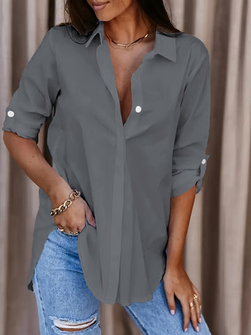 [Women's Office Work Shirt] Solid Button Front Shirt, Casual Turn Down Collar Office Work Shirt, Women's Clothing