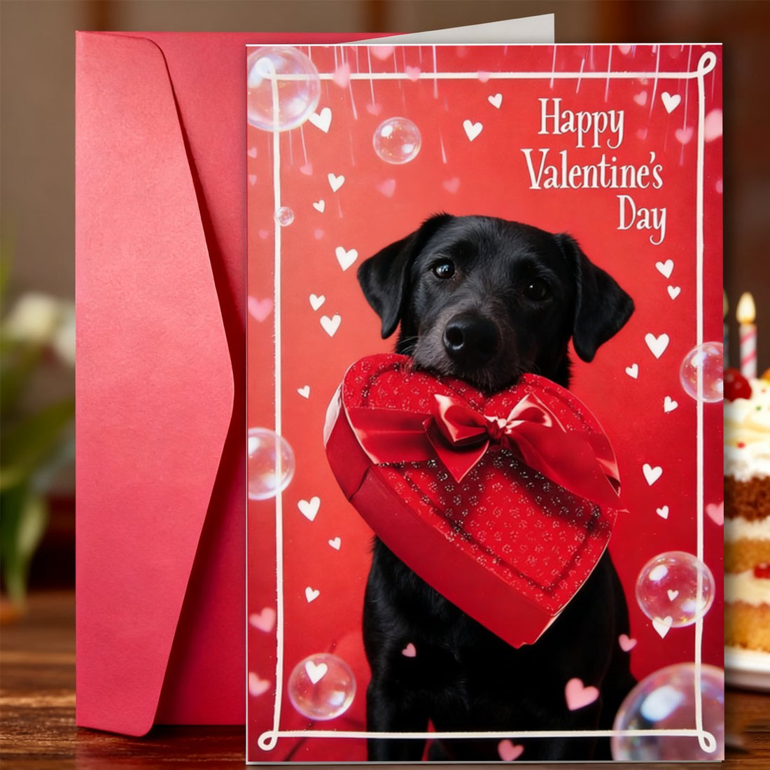 1pc Funny Valentine'S Day Card with Envelope | Healing Cute Doggies Funny Valentine Card Featuring Black Dog with Heart-Shaped Gift Box, Made of Paper