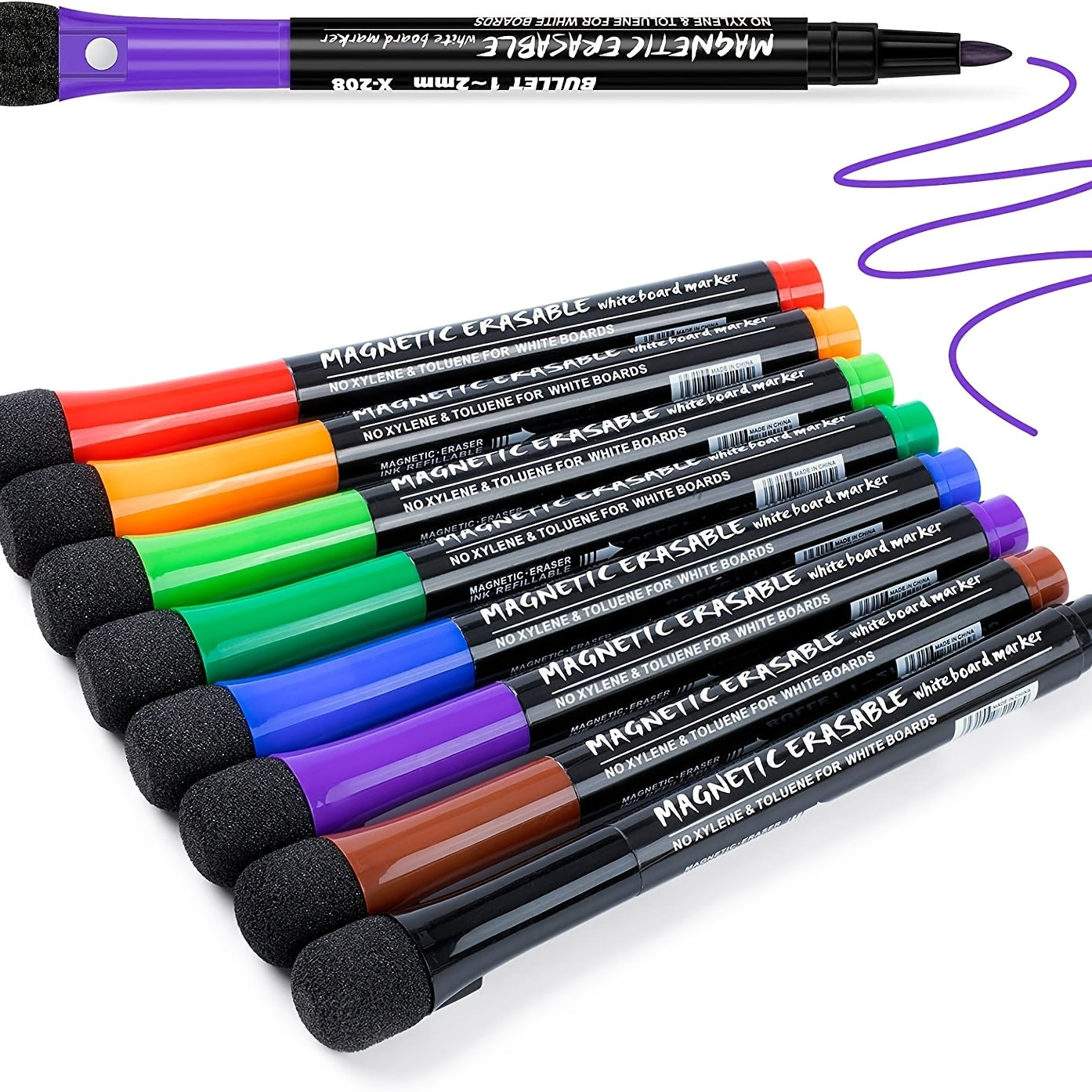 Fine Tip Dry Erase Markers 8pcs, Magnetic Dry Erase Markers With Eraser, Skinny Low Odor White Board Marker Pens Bullet Tip Fine Point Thin Dry Erase Markers For Office Supplies