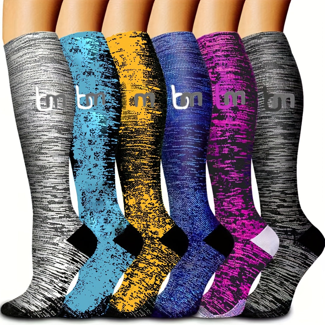 6 Pairs Compression Socks for Men & Women - Athletic Crew Socks for Running, Hiking, & Flight, 3. Nylon, Hand Wash Only, Colorful Designs (Blue, Yellow, Purple, Black, Gray), Fitness Socks | Multicolor Socks | Nylon Socks, No