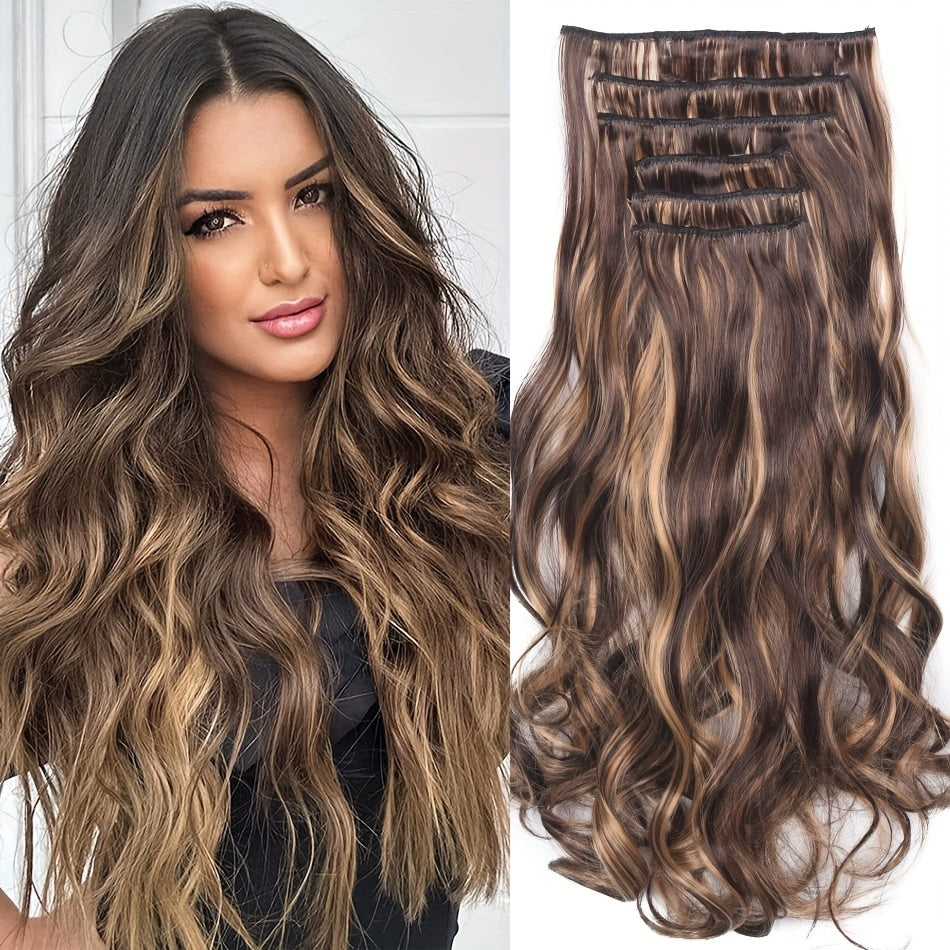 [Heat Resistant Hair Extensions] 6pcs Heat Resistant 22 Inch Body Wave Clip-In Hair Extensions | Double Weft Synthetic Hair for Women - Hair Clips Hair Accessories Halloween Christmas