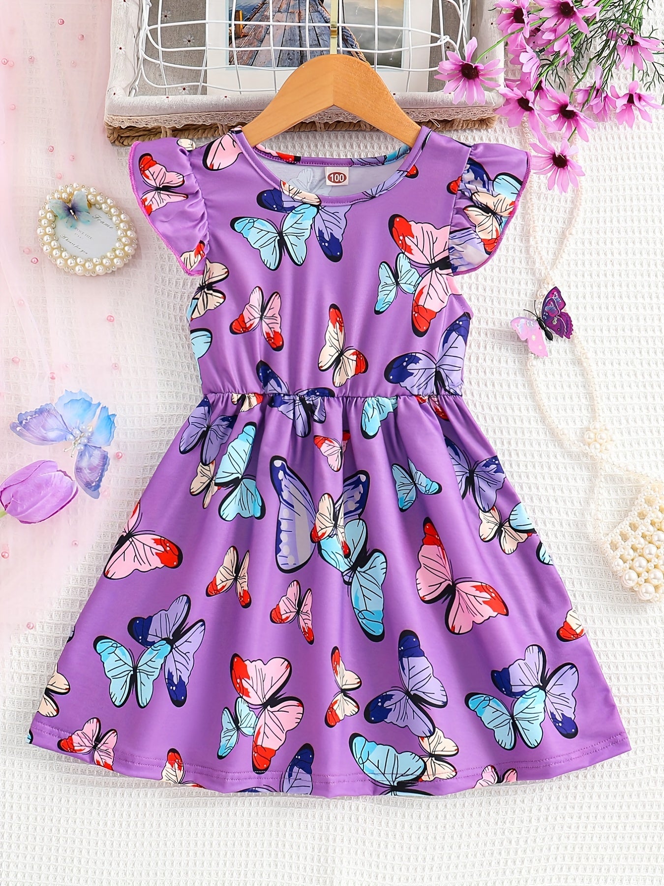 Girls' Sleeveless Butterfly Print Dress - Vibrant Purple Knee-Length Loose Fit with Ruffled Hem, Lightweight Summer Dress for Youngsters & Toddlers, Butterfly Print Dress, Youngsters'S Playwear, Playful Youngsters'S Fashion,
