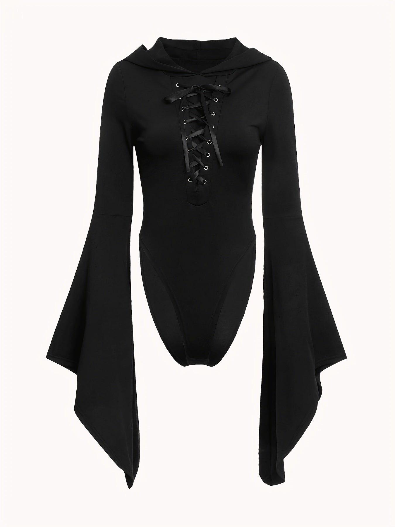Gothic Drawstring Hooded Slim Bodysuit, Sexy Solid Flare Long Sleeve Waist Bodycon Skinny Hip Hop Punk Style Lace Up Long One Piece Bodysuit, Women's Clothing