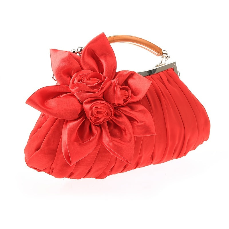 Floral Decor Clutch Bag, Elegant Ruched Detail Handbag, Women's Trendy Chain Shoulder Bag For Party