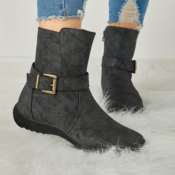 Stylish Women's Ankle Boots with Buckle Strap and Side Zipper - Comfortable Round Toe Short Boots for Fashionable Look